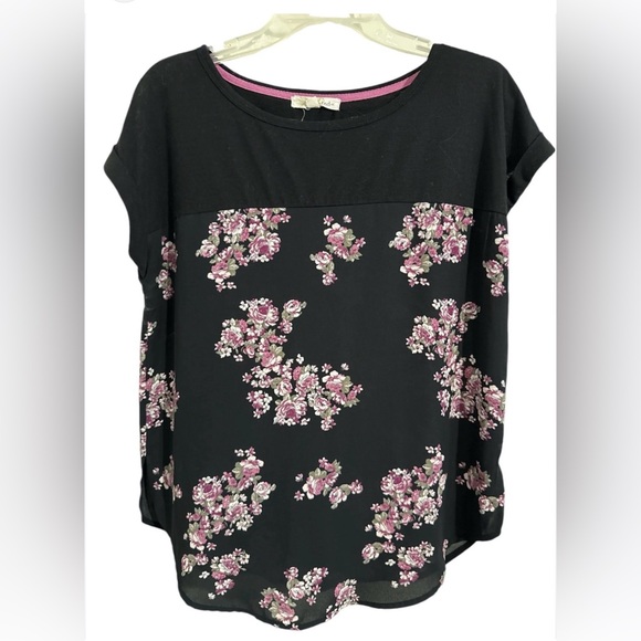 Rewind Tops - Rewind Black and Pink Graphic Cap Sleeve Blouse
